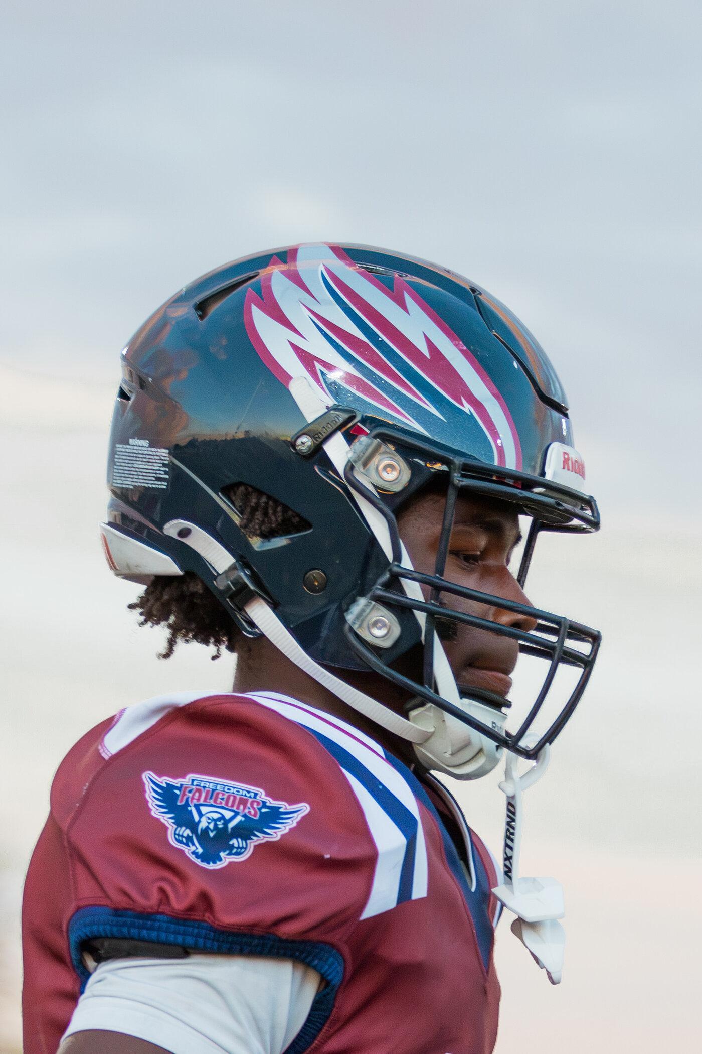 Close-up profile of a Freedom Falcons helmet